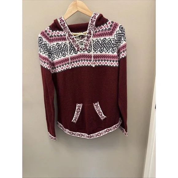 Artesania Hooded Pullover Fair Isle Sweater Lace Up Alpaca Women's Size L Peru - Picture 1 of 15